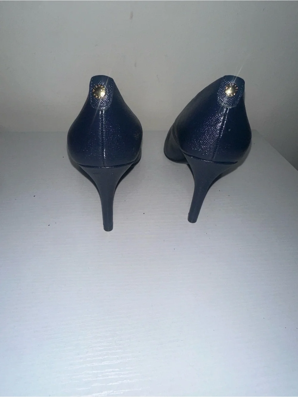 Michael Kors Navy Leather Pointed-Toe Pumps with Gold MK Accent